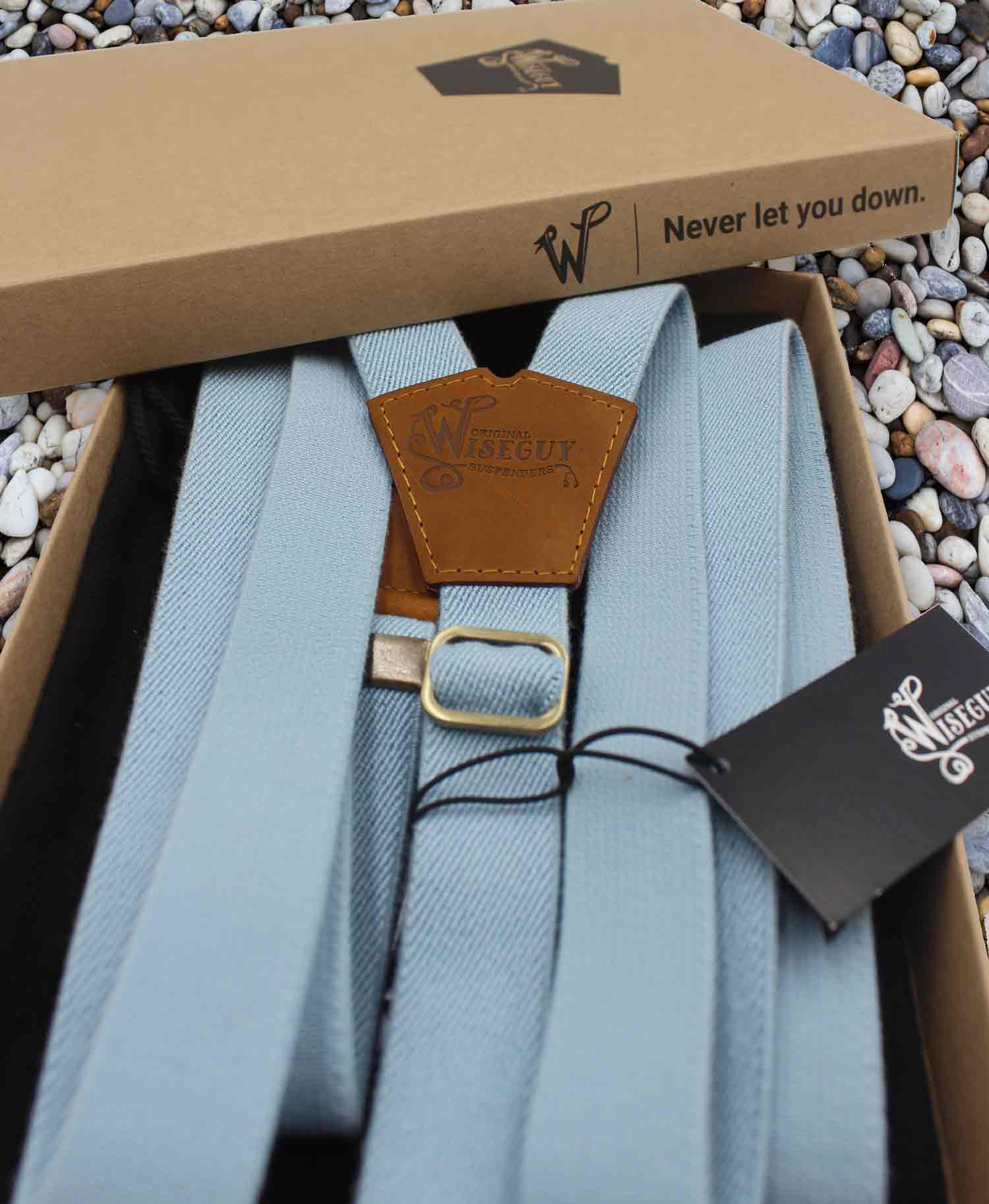 Cloud Blue Wedding Suspenders thin Y back on Camel Brown 1 inch wide - Wiseguy Suspenders