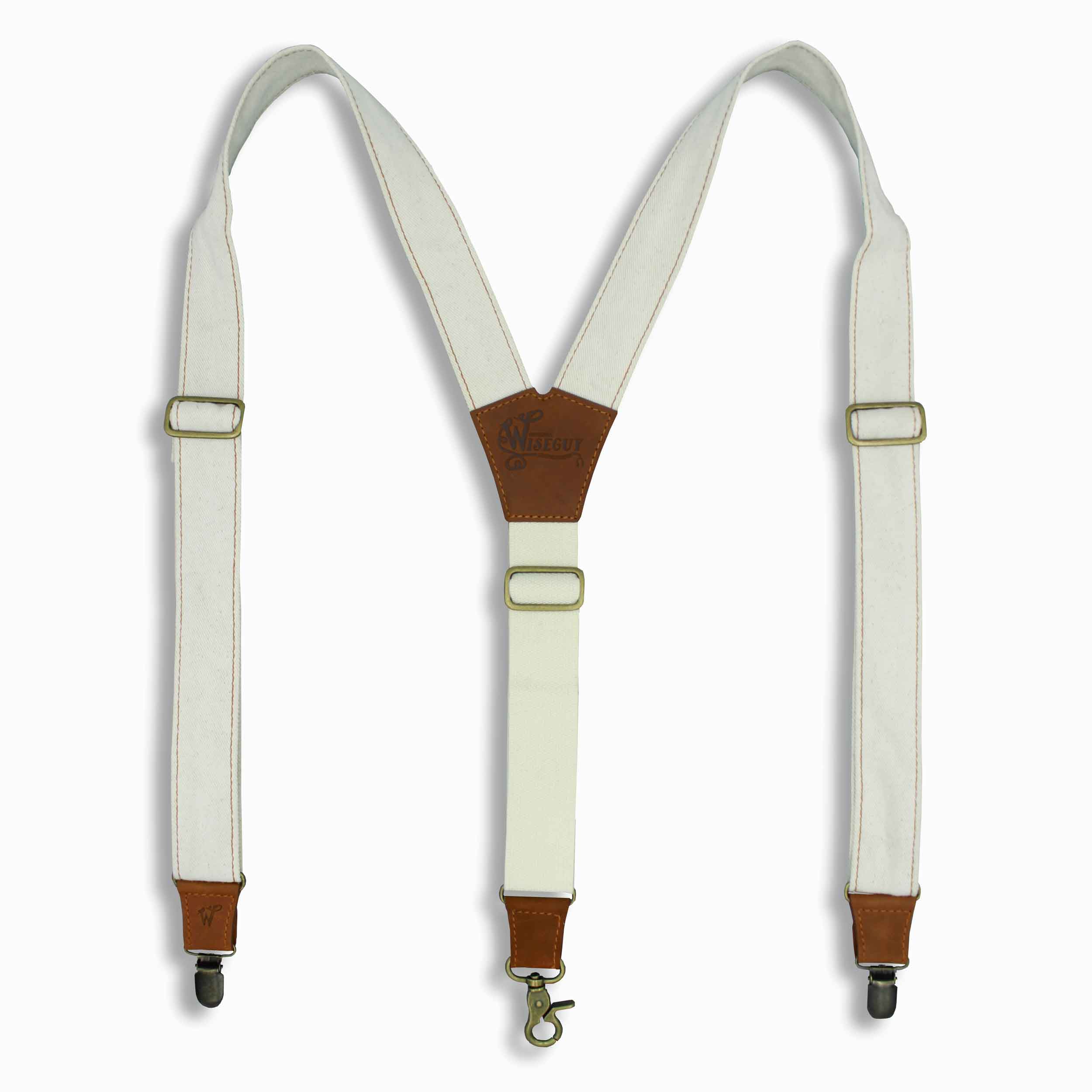 The Duck Ivory Denim Braces with Camel Brown Leather Parts 1.3 inch - Wiseguy Suspenders