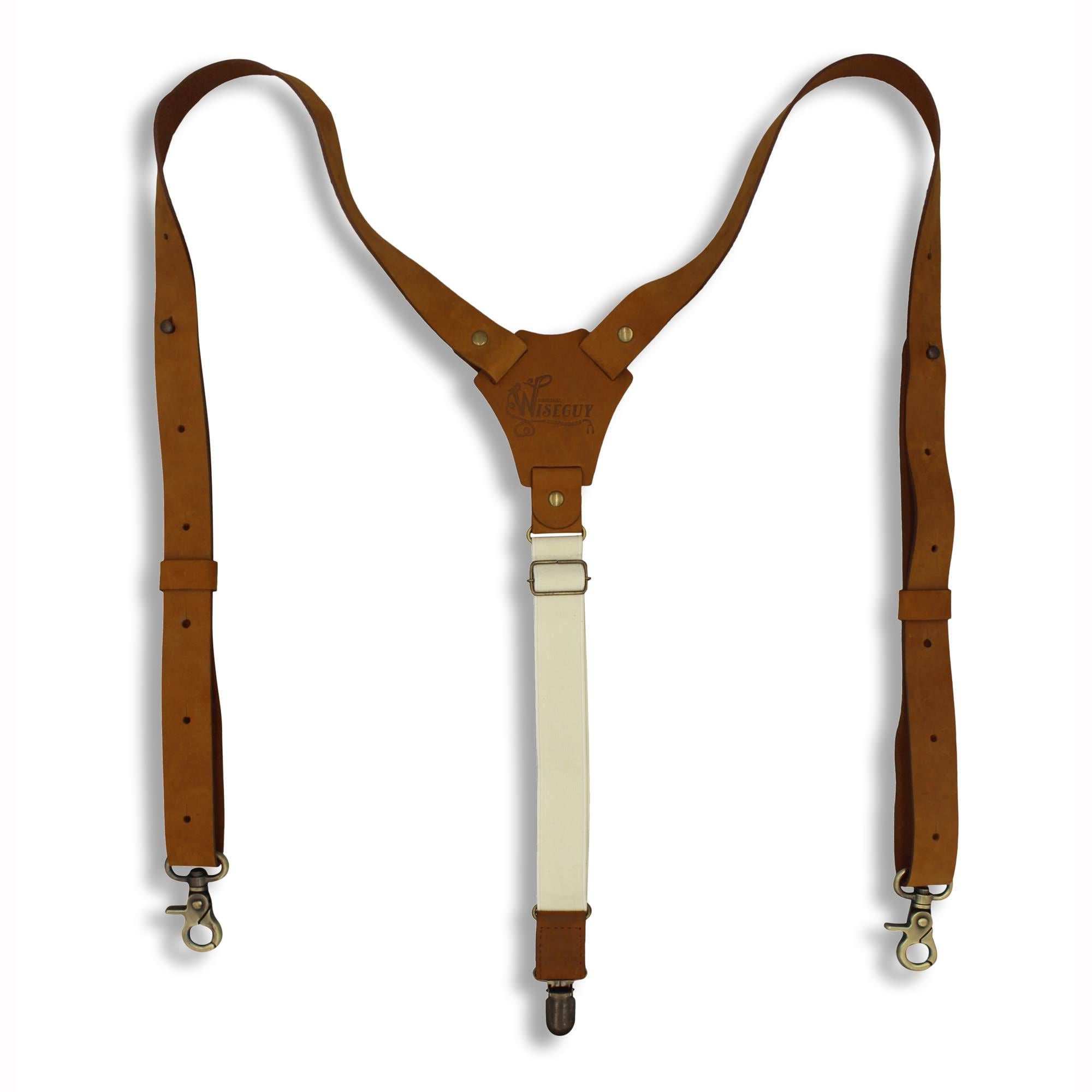 Flex Camel Brown Leather Braces with Elastic off-white Back Straps 1" - Wiseguy Suspenders