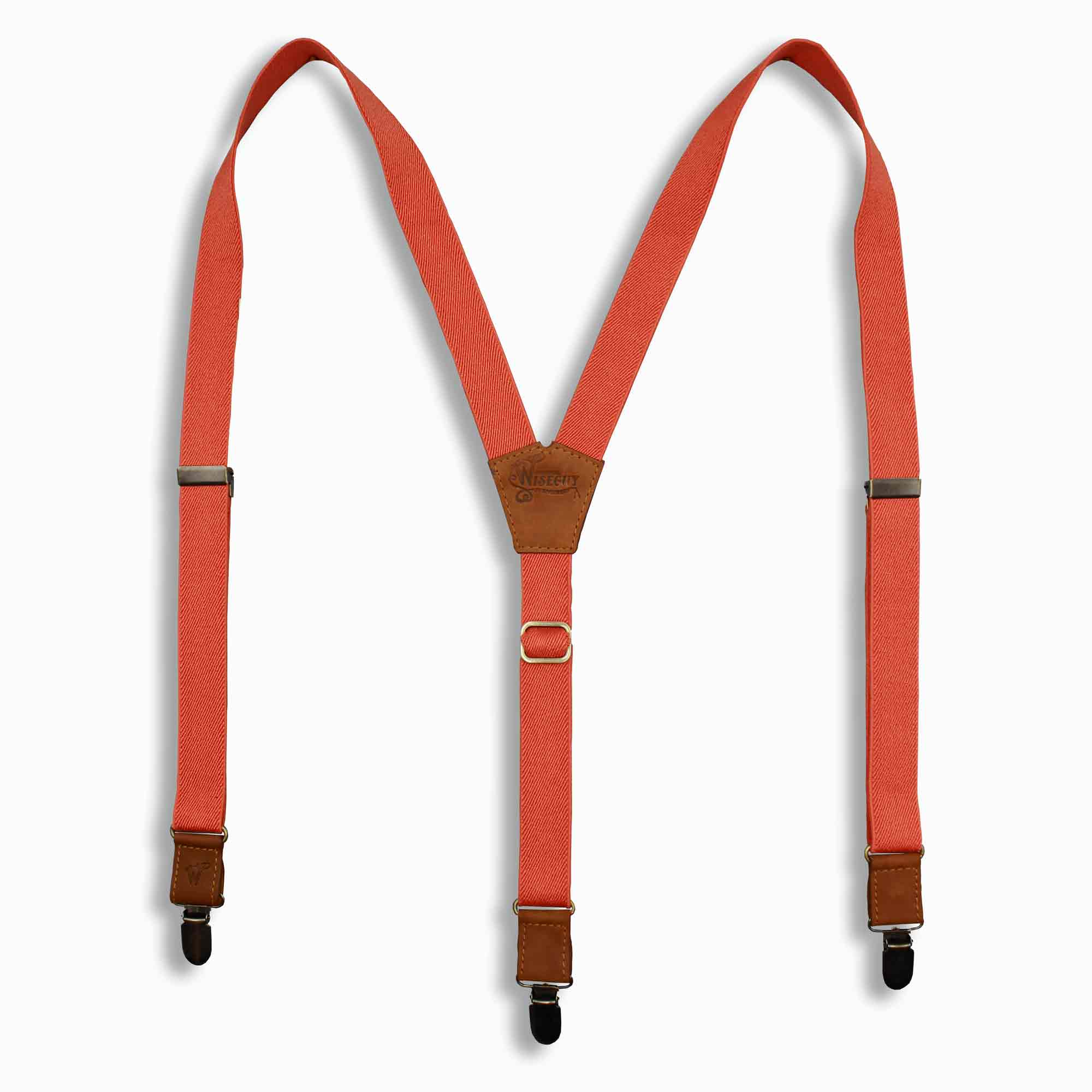 Orange 1 inch Elastic suspenders with Camel Brown Leather parts - Wiseguy Suspenders