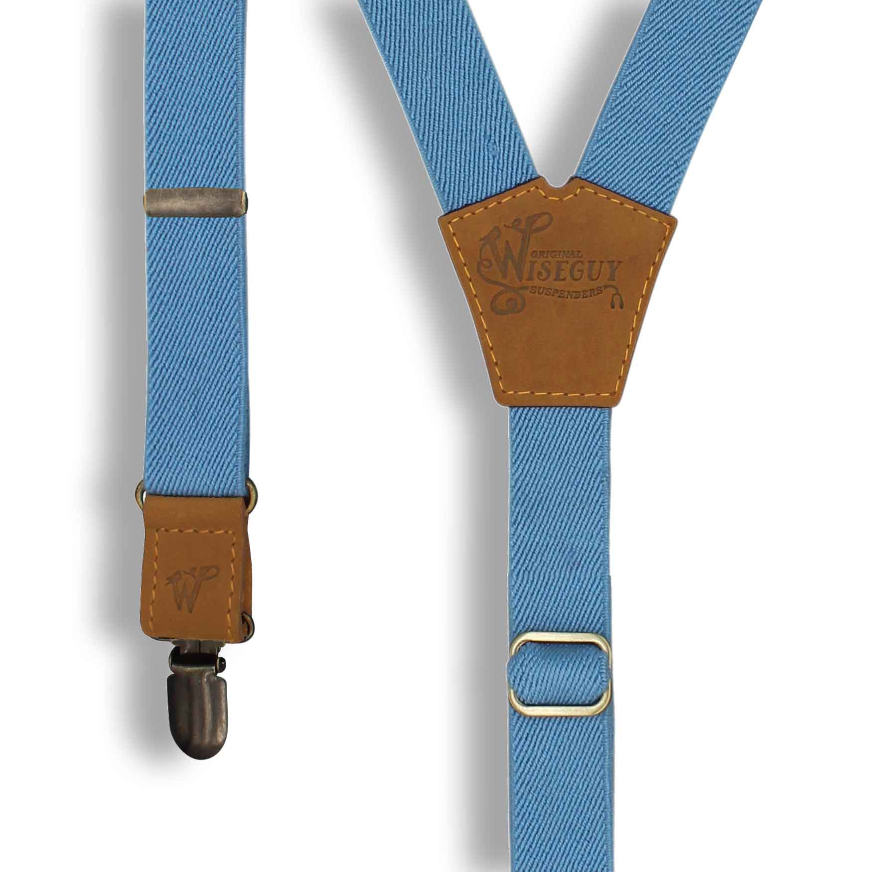 The Sky Blue Suspenders on Camel Brown & Brass slim straps (1 inch/ 2.5 cm) - Wiseguy Suspenders